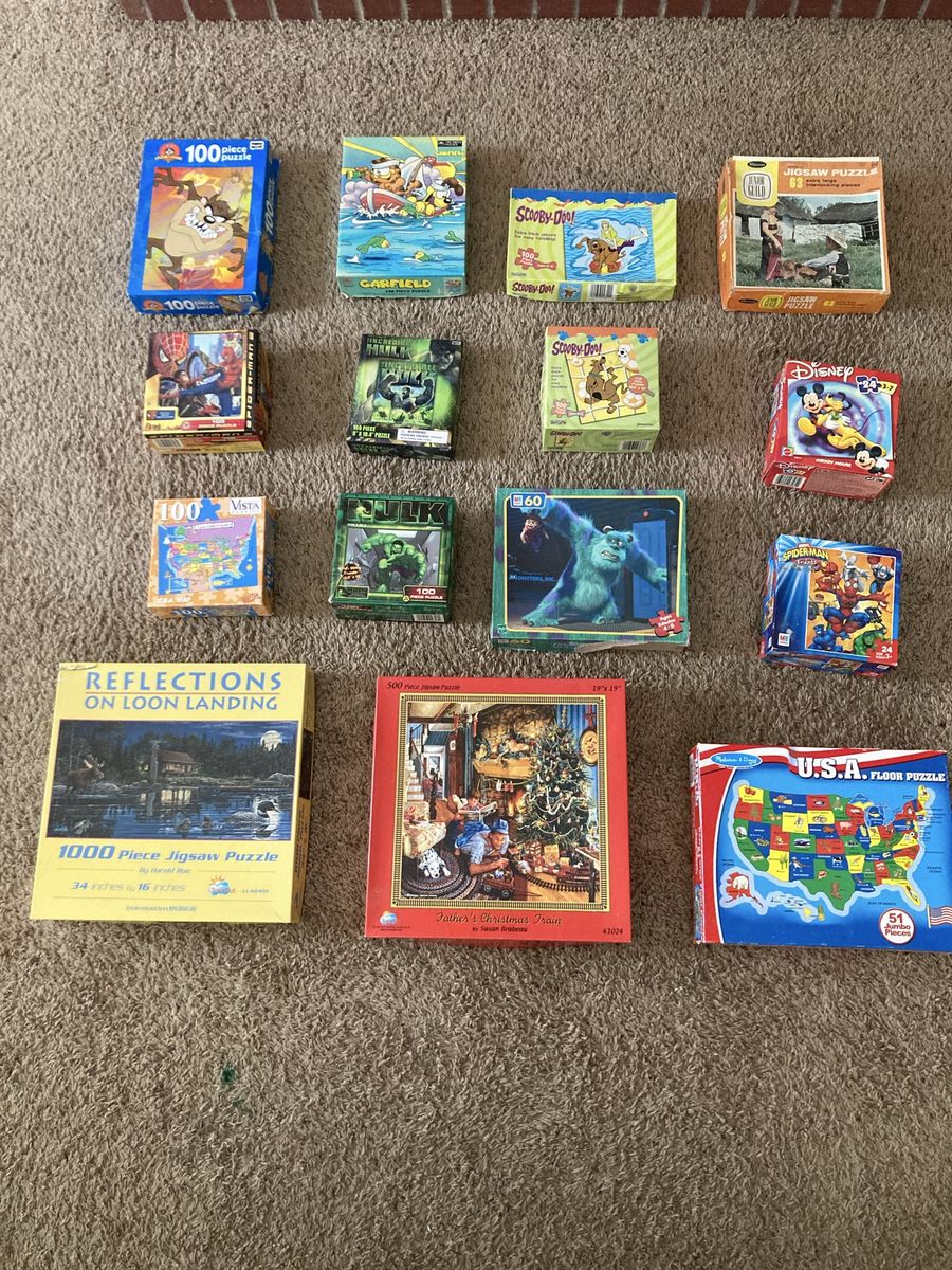 Large Lot of 15 Assorted Jigsaw Puzzles - Disney, Scooby-Doo, Marvel, Garfield, Christmas & More