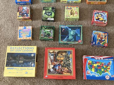 Large Lot of 15 Assorted Jigsaw Puzzles - Disney, Scooby-Doo, Marvel, Garfield, Christmas & More