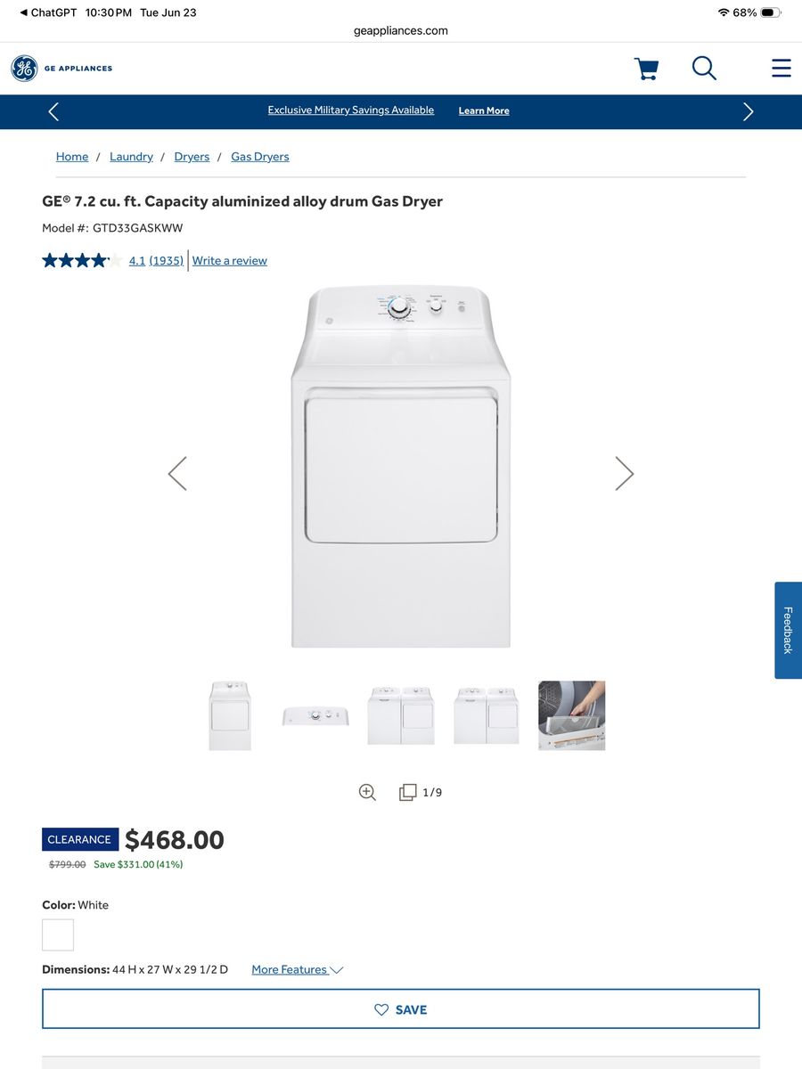 GE GTD33GASKWW 7.2 cu. ft. Capacity Aluminized Alloy Drum Gas Dryer - White