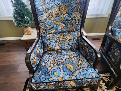 Chairs - TWO Vintage Traditional wingback with a dark wood frame and richly patterned Jacquard floral upholstery.