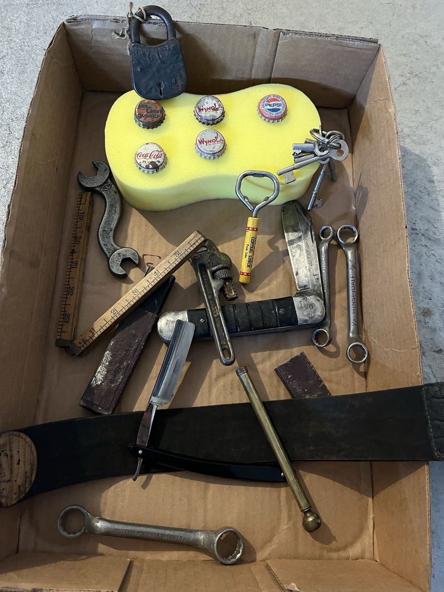 Vintage Collectibles Lot: Straight Razor, Padlock, Wrenches, Bottle Caps