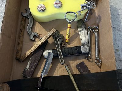 Vintage Collectibles Lot: Straight Razor, Padlock, Wrenches, Bottle Caps