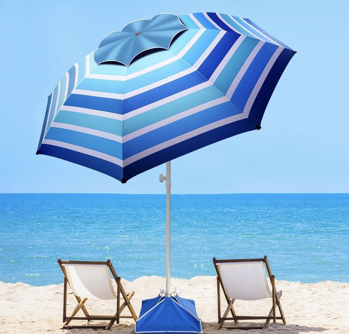 8Ft Blue Striped Beach Umbrella with Tilt Mechanism and Sand Anchor