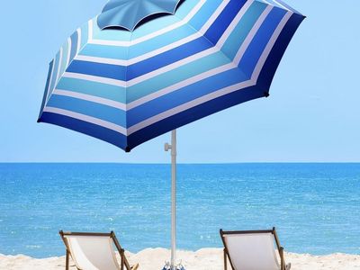 8Ft Blue Striped Beach Umbrella with Tilt Mechanism and Sand Anchor