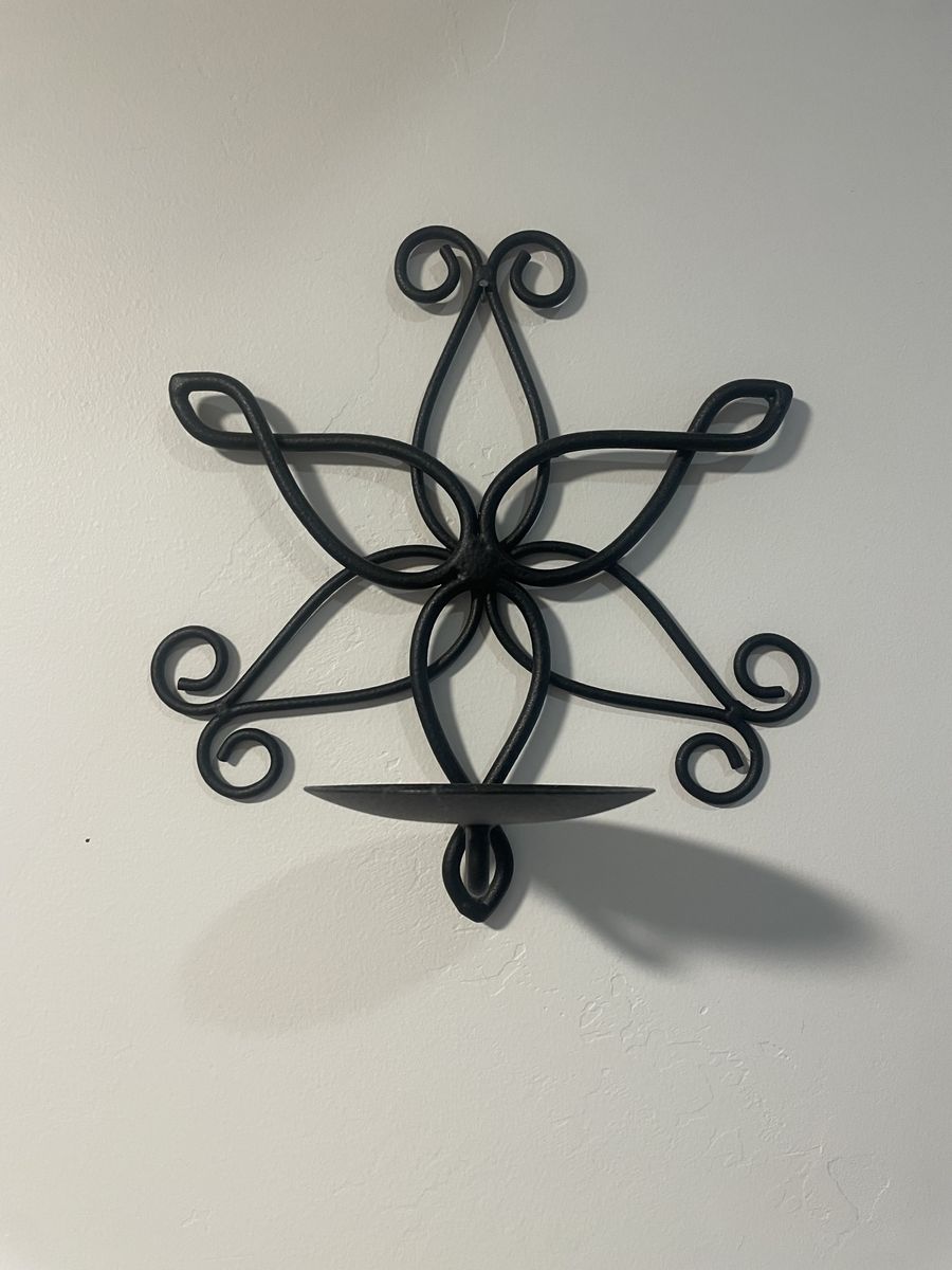 Decorative Black Wrought Iron Wall-Mounted Candle Holder Sconce - Star/Floral Design, 9.5" x 9.5"