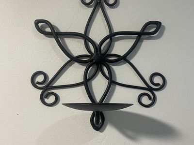 Decorative Black Wrought Iron Wall-Mounted Candle Holder Sconce - Star/Floral Design, 9.5" x 9.5"