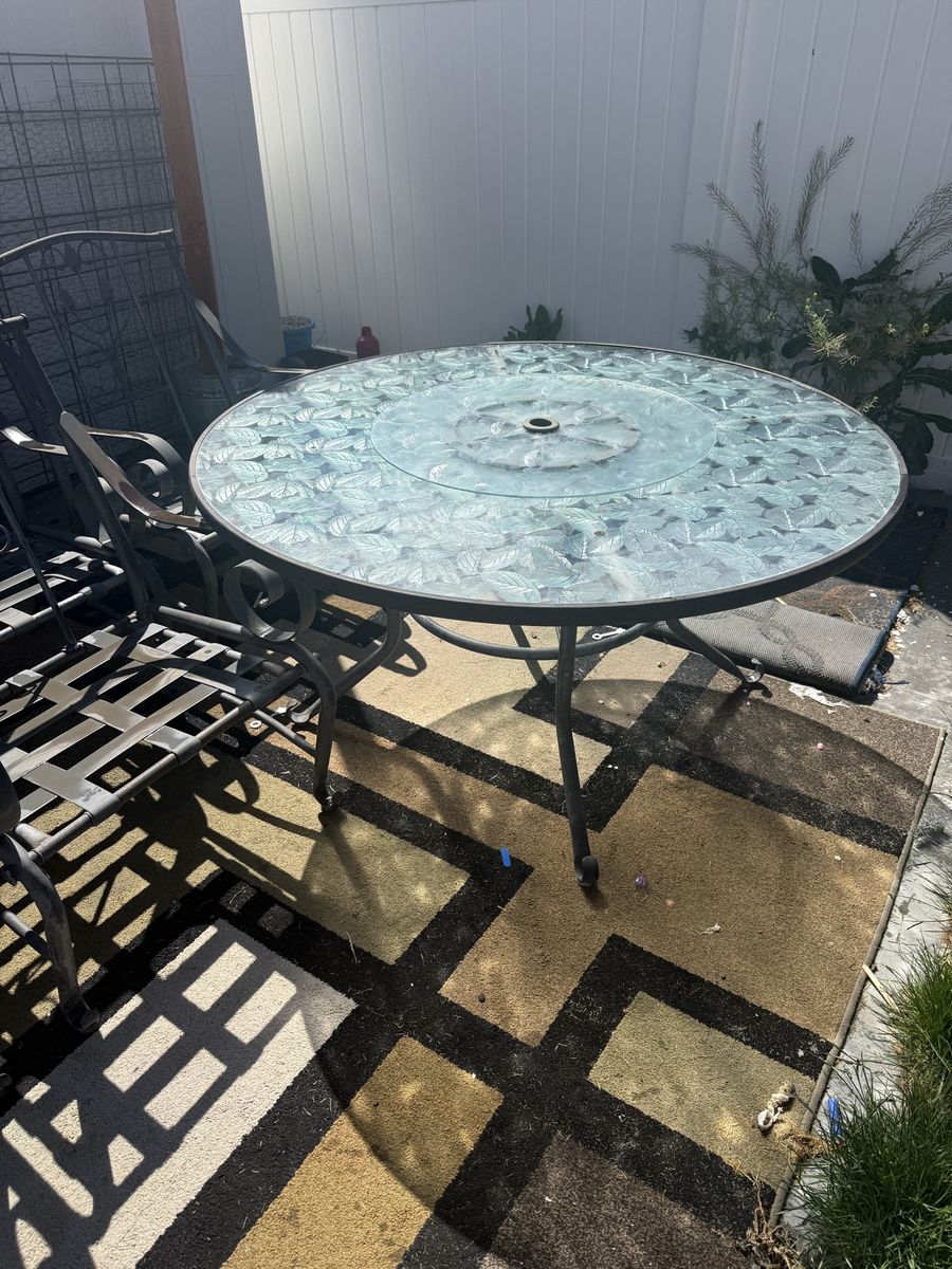 Wrought Iron Patio Dining Set: Glass Table w/ Lazy Susan + 3 Chairs