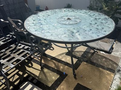 Wrought Iron Patio Dining Set: Glass Table w/ Lazy Susan + 3 Chairs