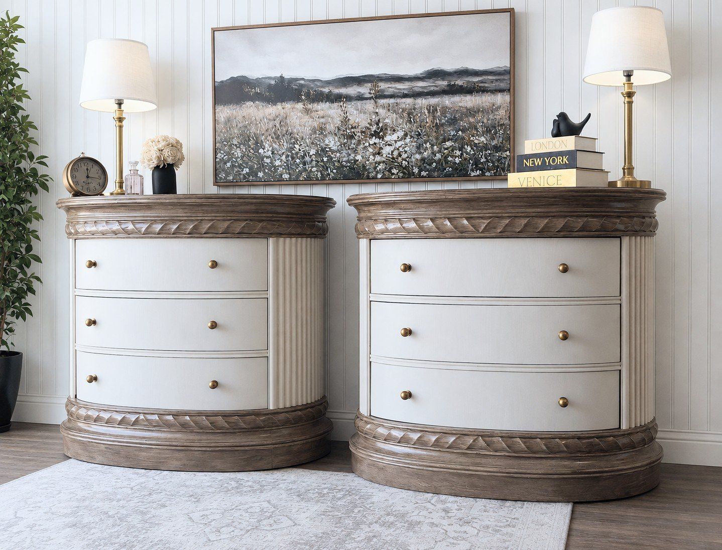 XXL Bow Front Nightstands - Solid Wood - Fluted