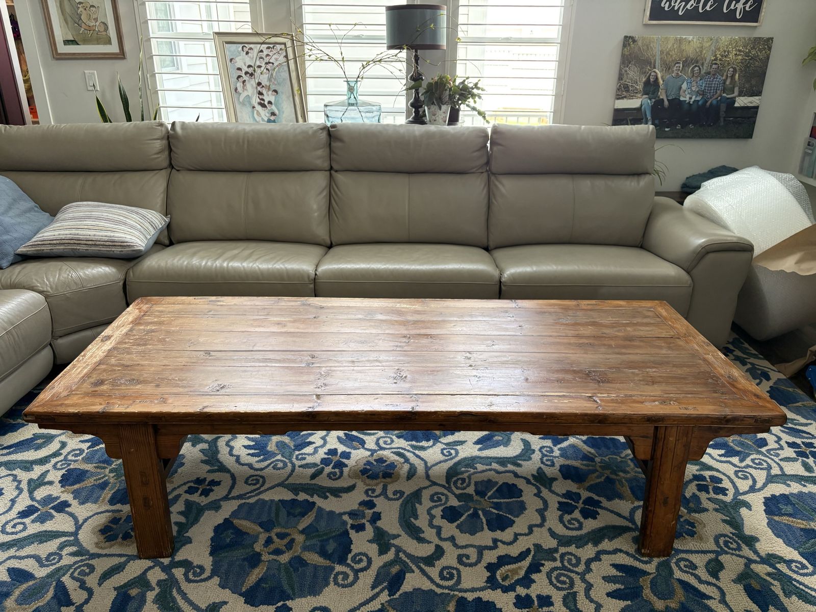 Long Rustic Distressed Solid Wooden Coffee Table, 81” L x 32 1/2” W x 20” H, in Great Condition!