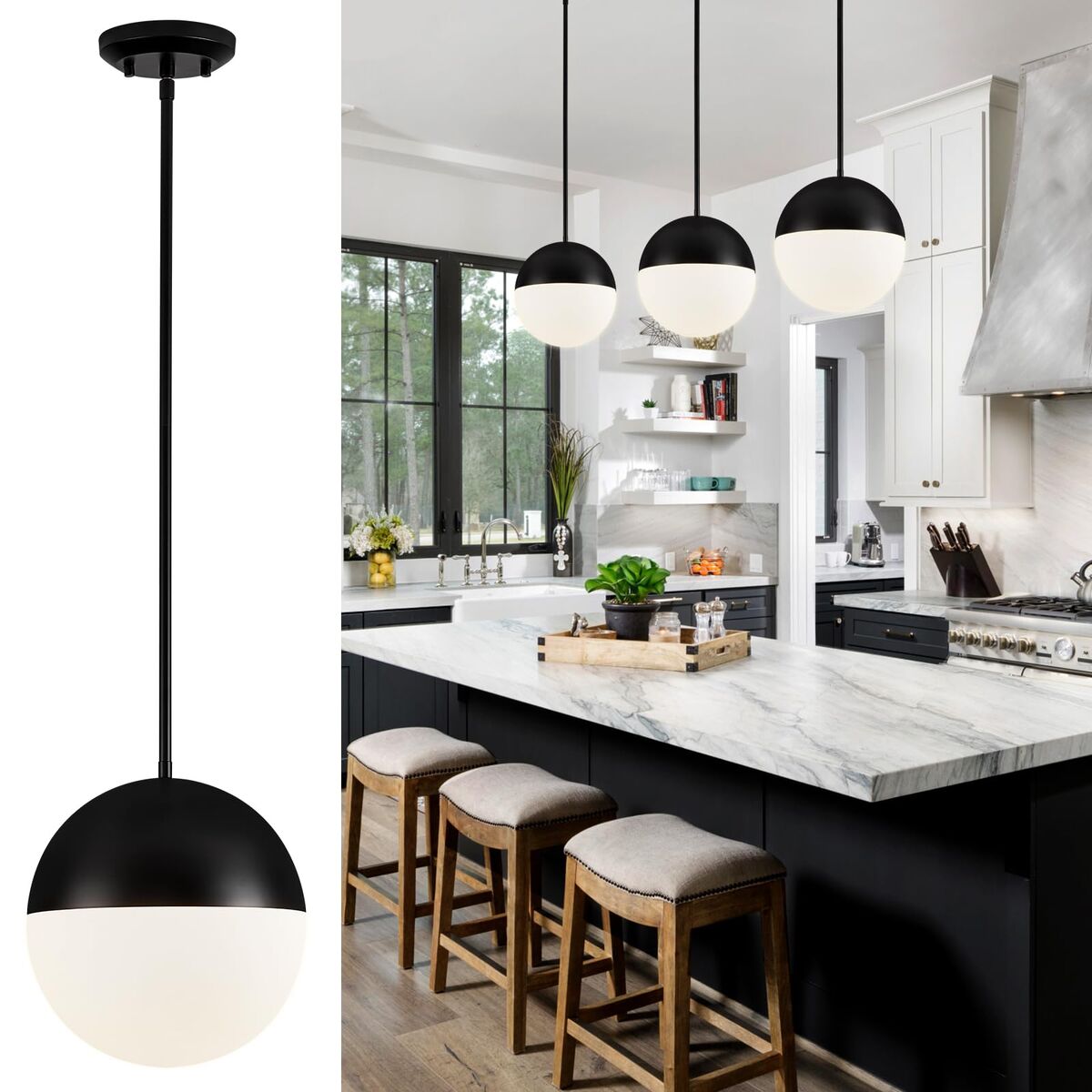 10in Globe Pendant Light Black, Large, Glass