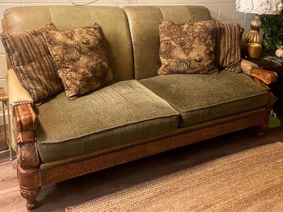 Vintage Style Olive Green Velvet & Upholstered Sofa and Armchair Set - Carved Wood Details, Wicker Accents $300 OBO Cash Only