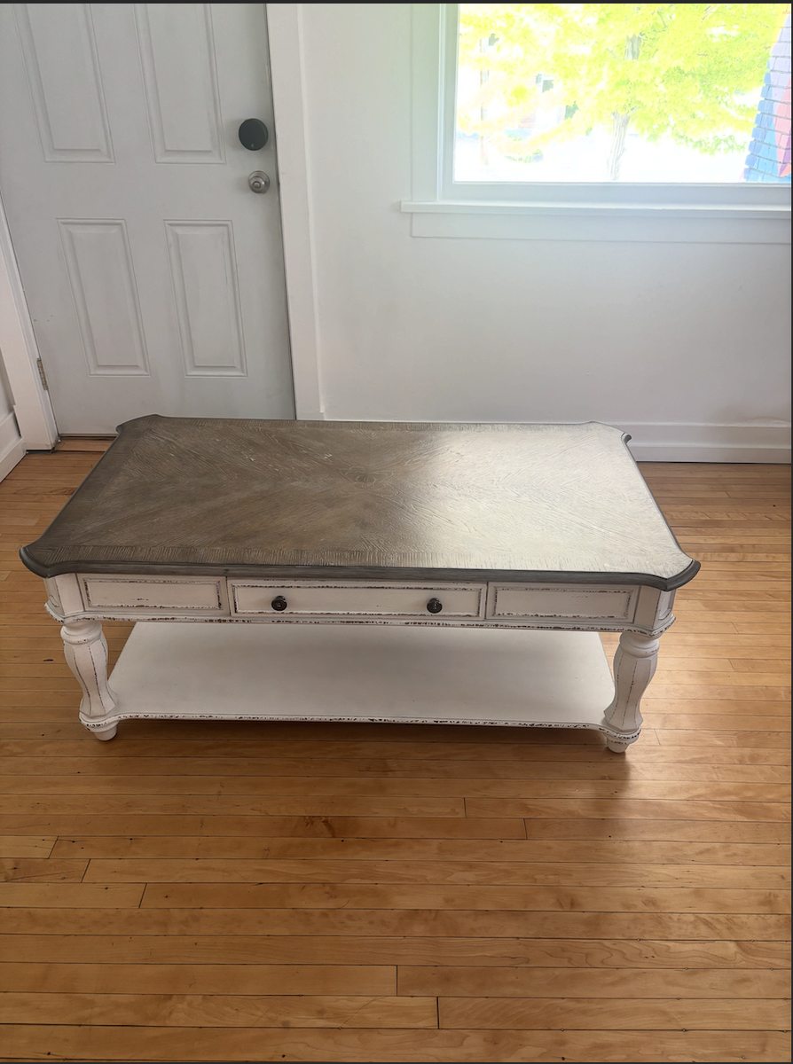 Rustic Farmhouse Coffee Table with Storage Shelf & Drawer