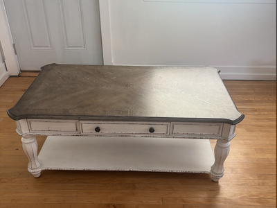 Rustic Farmhouse Coffee Table with Storage Shelf & Drawer