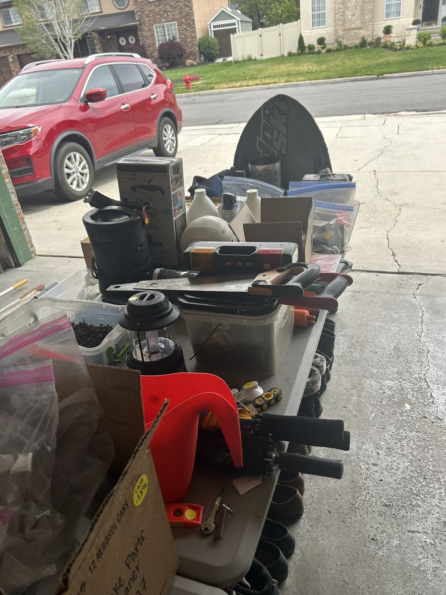 Garage sale: Toys, camping, fishing, snow, outdoor, hunting, tools, shoes, picture frames
