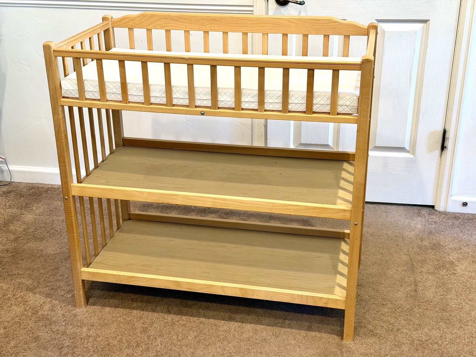 Natural Wood Changing Table with Storage Shelves and Pad