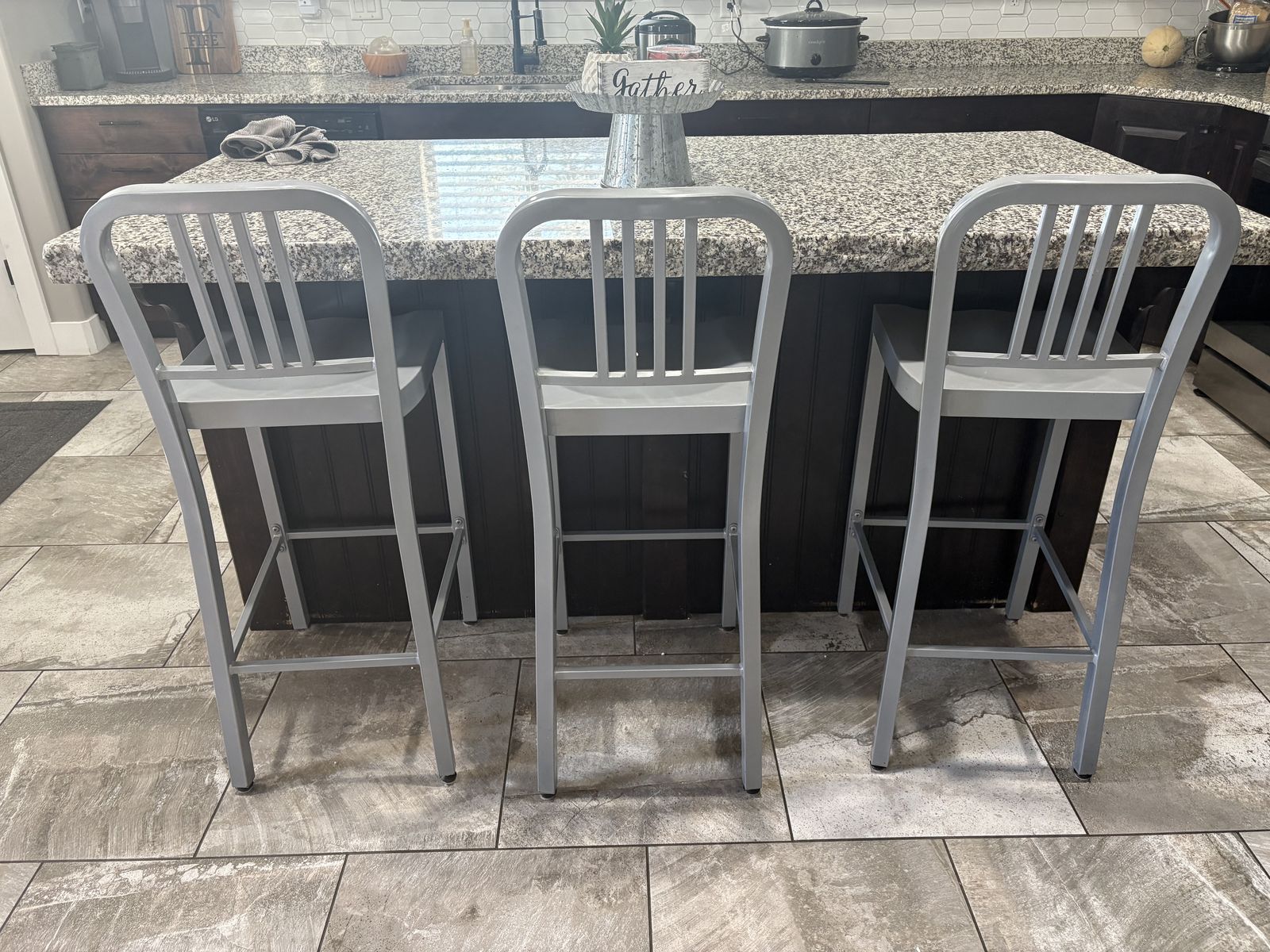 Set of 3 Silver Metal Navy-Style Bar Stools with Backrest