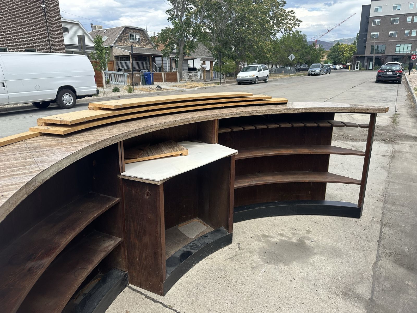 Vintage Custom Curved Wooden Bar & Cabinets - 12ft, Mid-Century Modern Style w/ Sink Cut-out