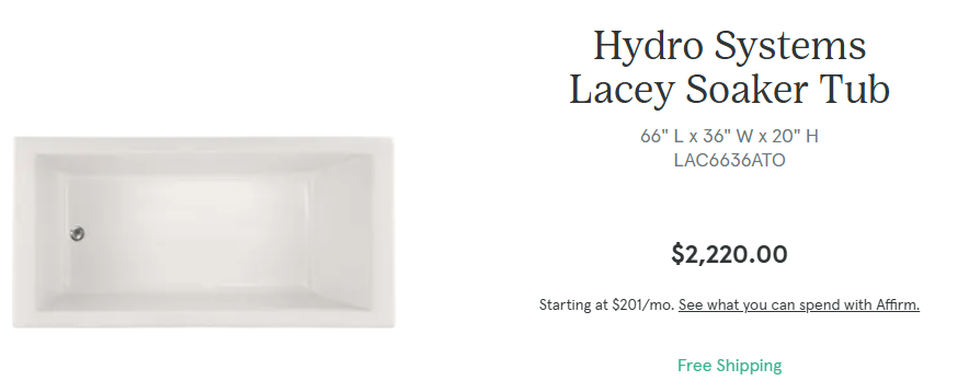 Hydro systems soaker acrylic drop in bath tub