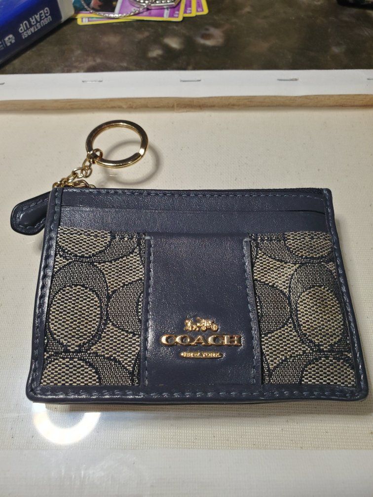 Coach Signature Canvas Mini Skinny ID Case Wallet Keychain Dark Blue