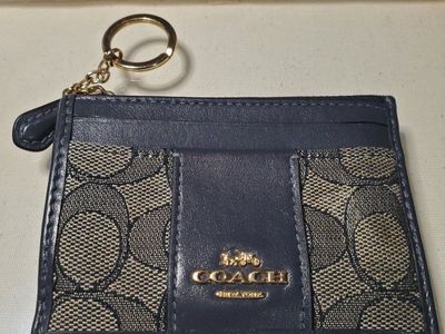 Coach Signature Canvas Mini Skinny ID Case Wallet Keychain Dark Blue