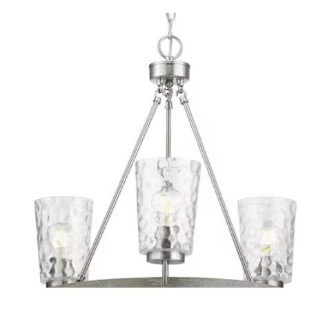 NEW 3 LIGHT BRUSHED NICKEL CHANDELIER WITH CLEAR GLASS SHADES
