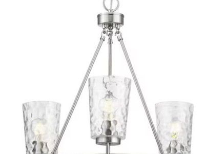NEW 3 LIGHT BRUSHED NICKEL CHANDELIER WITH CLEAR GLASS SHADES