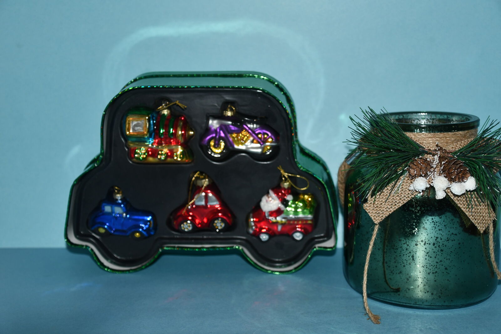 5 CHRISTMAS GLASS ORNAMENTS (SANTA, CARS, TRAIN, MOTORCYCLE) & a DECORATED GLASS JAR (HEIGHT 6.5") ~ VERY NICE!