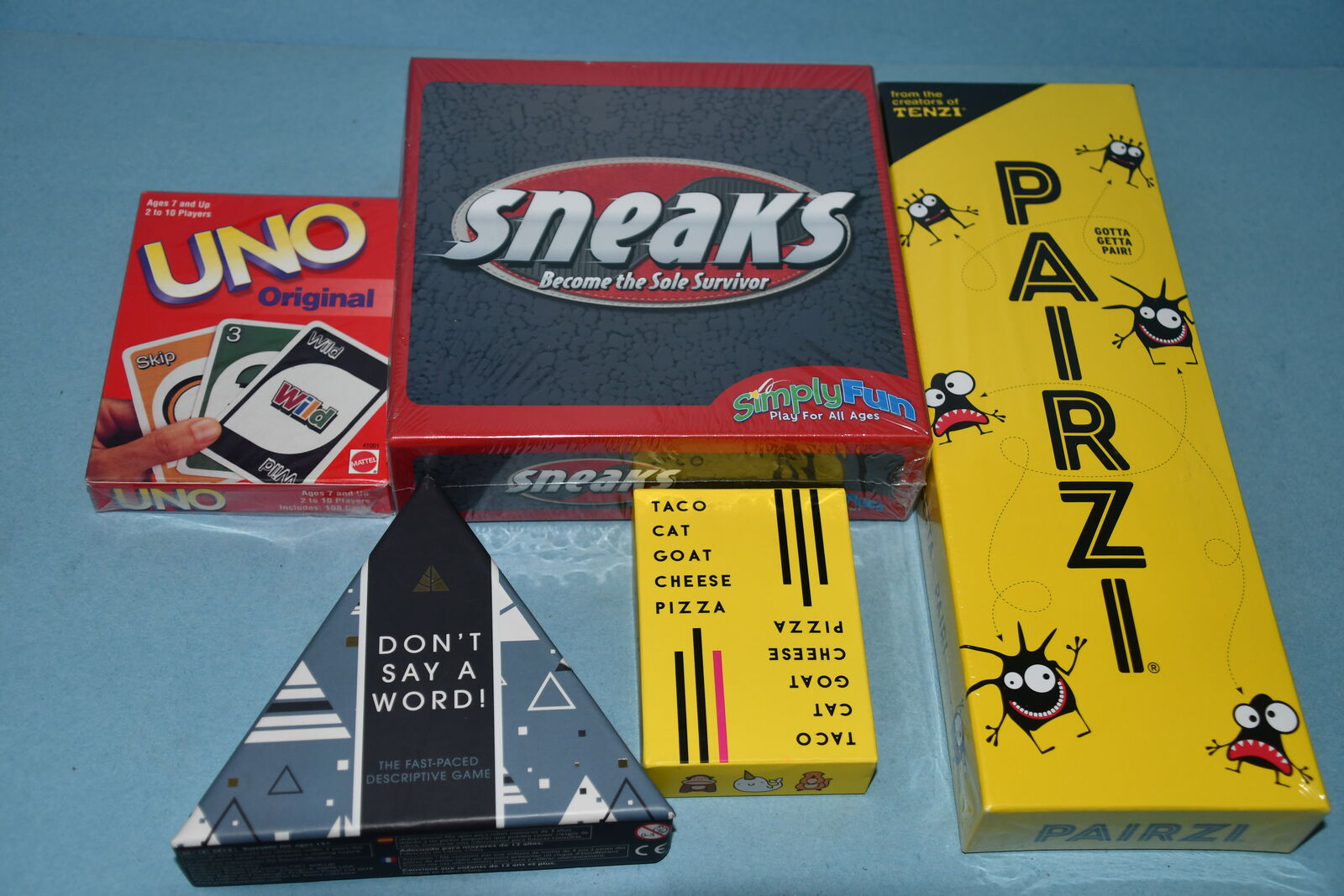 5 FAMILY GAMES ~ UNO, SNEAKS, PAIRZI, DON'T SAY A WORD & TACO, CAT, GOAT, CHEESE, PIZZA ~ ALL FOR $10
