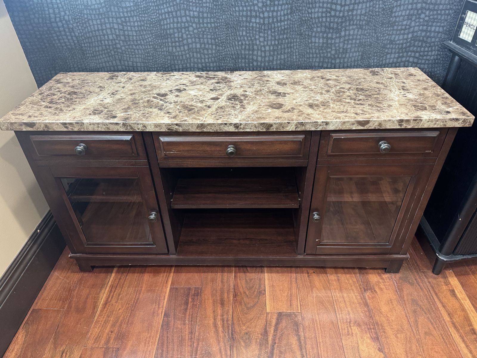 Dark Wood Media Console TV Stand w/ Faux Marble Top, Glass Doors, and Drawers