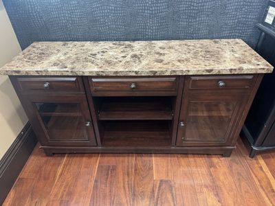Dark Wood Media Console TV Stand w/ Faux Marble Top, Glass Doors, and Drawers