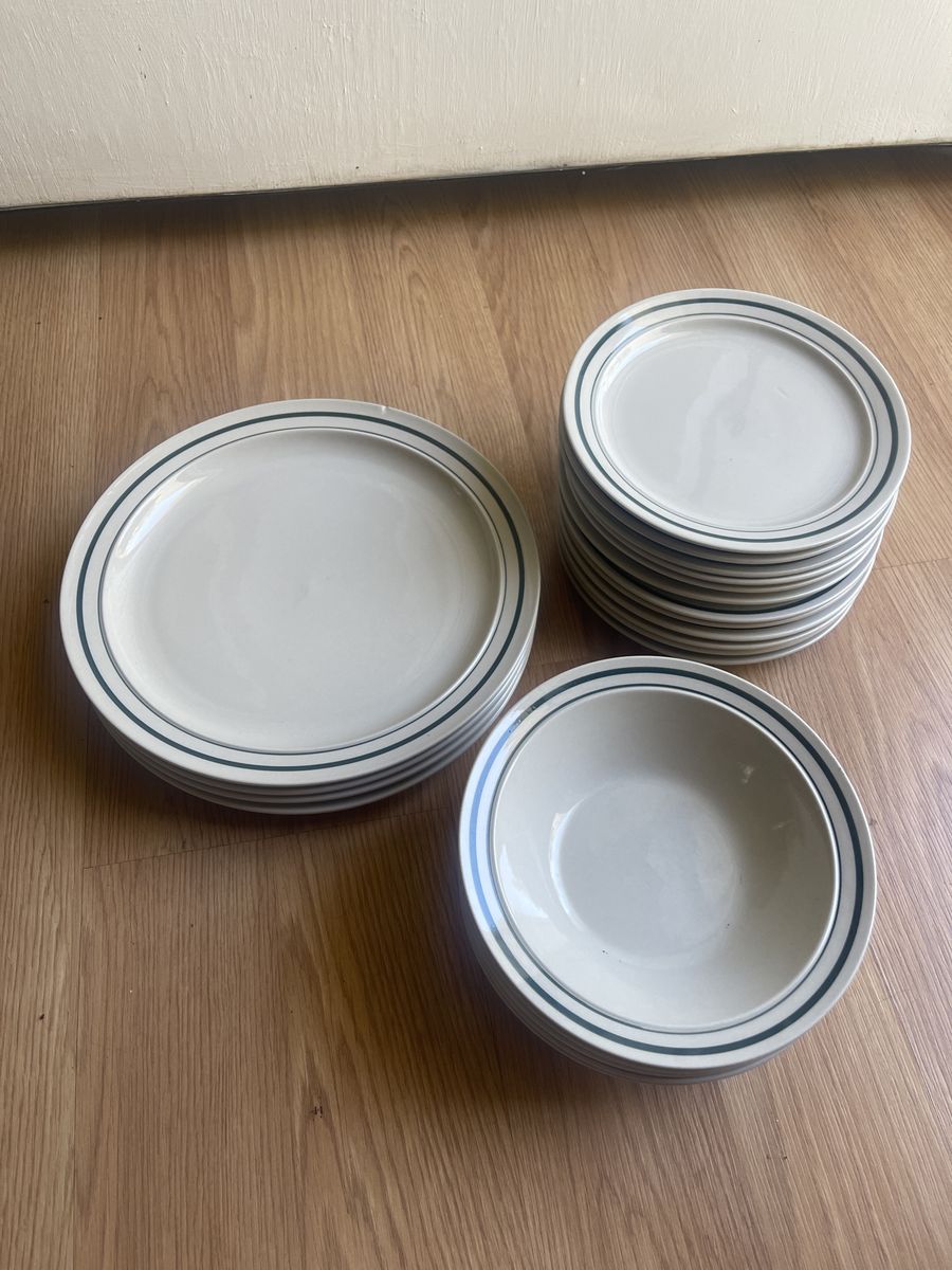 Ceramic Dinnerware Set: 4 Dinner Plates, 10 Salad Plates, 5 Bowls - Cream with Green Stripes