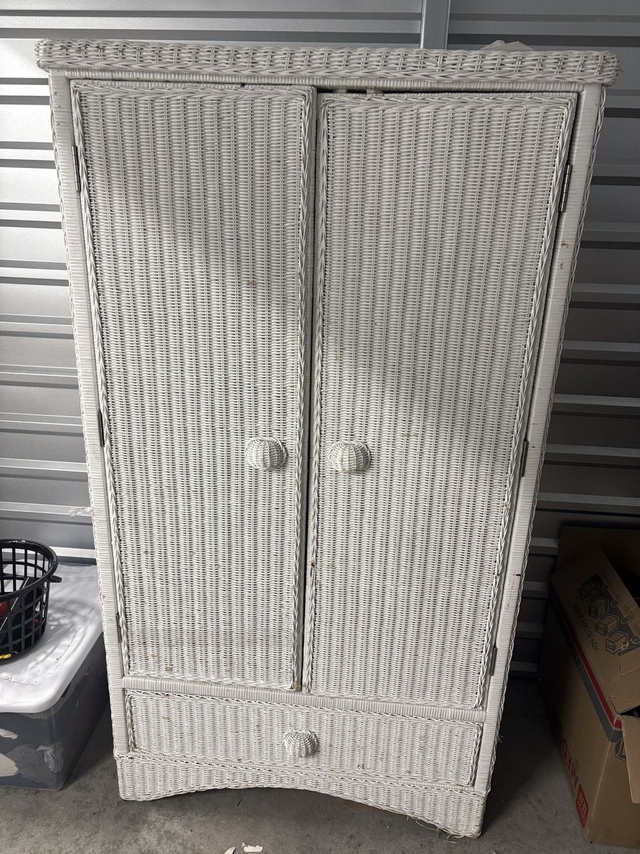 White Wicker Armoire Wardrobe Closet with Drawer & Interior Hooks - Beachy & Boho Storage
