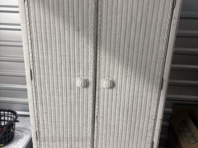 White Wicker Armoire Wardrobe Closet with Drawer & Interior Hooks - Beachy & Boho Storage
