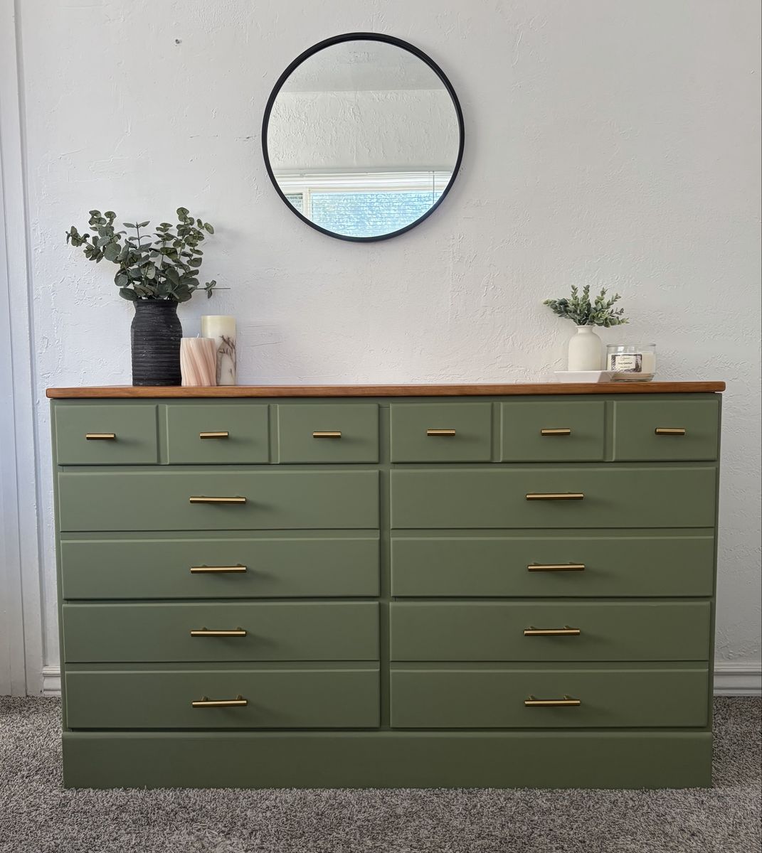 Refinished Solid Wood Dresser - Sage Green w/ Natural Top & Gold Hardware - 10 Drawers