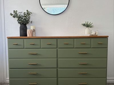 Refinished Solid Wood Dresser - Sage Green w/ Natural Top & Gold Hardware - 10 Drawers