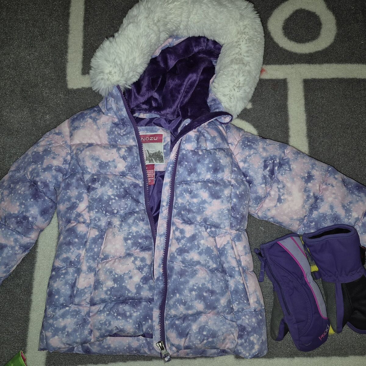 Snozu purple 3T winter Jacket Hooded mittens snow