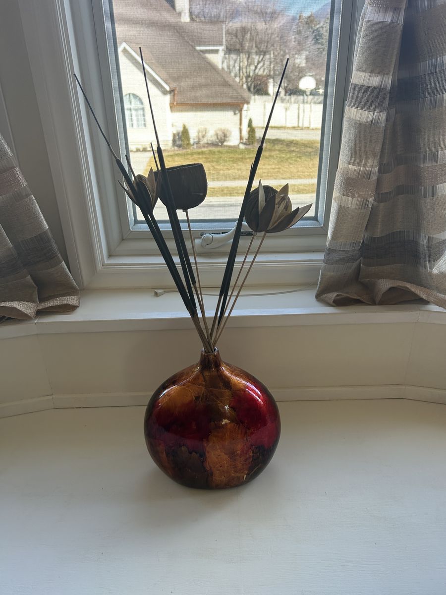 Decorative Red & Amber Glass Vase with Botanical Arrangement