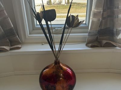 Decorative Red & Amber Glass Vase with Botanical Arrangement