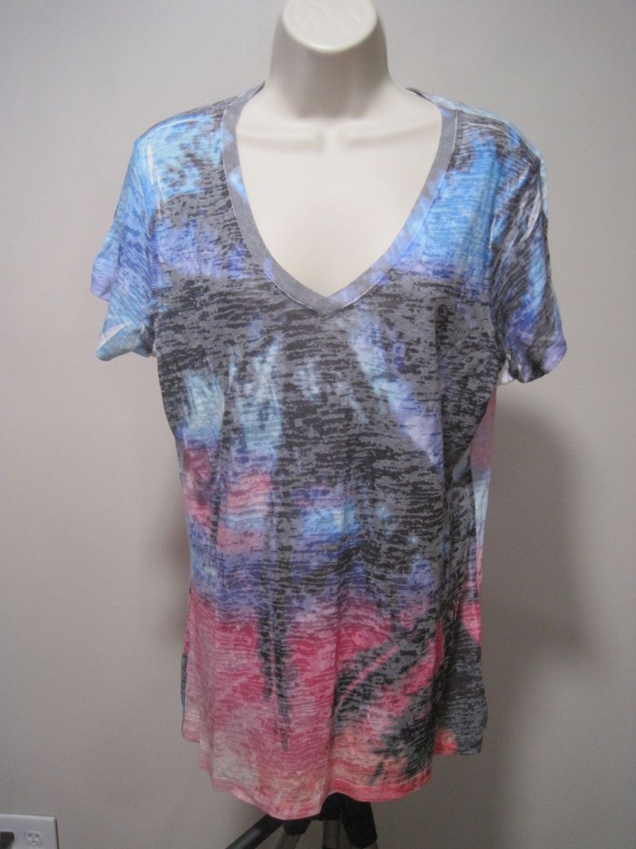 CURRANTS MultiColor Womens Size Large Top Short Sleeve Cotton V-Neck Tee Shirt