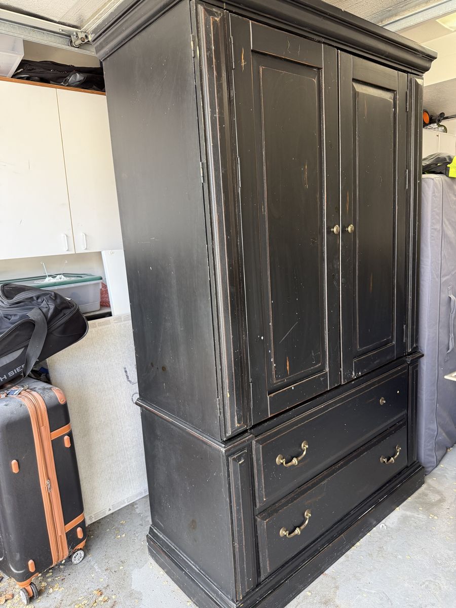 Black Wooden TV/media Armoire with Doors and 2 Lower Drawers