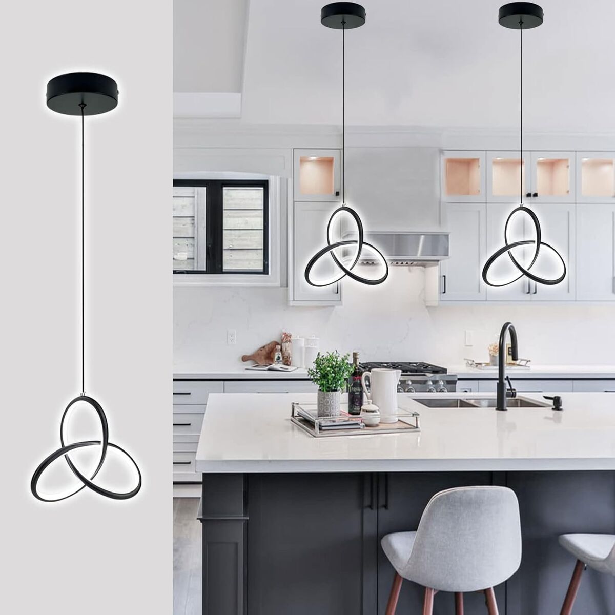 Black Modern LED Pendant Light for Kitchen or Nook - 1 Pack