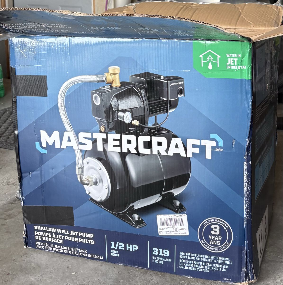 Mastercraft 1/2 HP Shallow Well Jet Pump with 6 US Gallon Tank - New