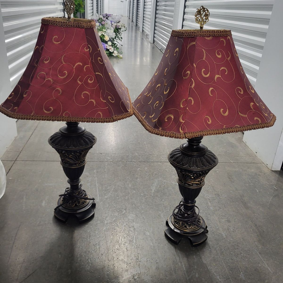 Pair of Ornate Bronze Finish Table Lamps with Burgundy and Gold Patterned Shades