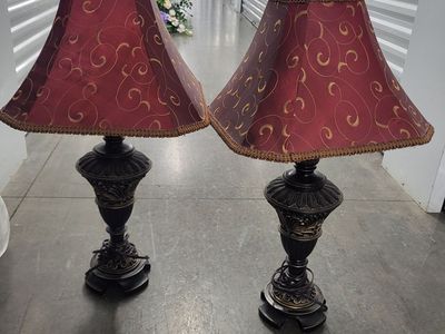 Pair of Ornate Bronze Finish Table Lamps with Burgundy and Gold Patterned Shades