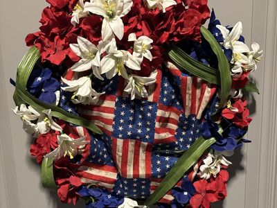 Patriotic USA Flag Floral Wreath Red White Blue Faux Flowers Home Decor