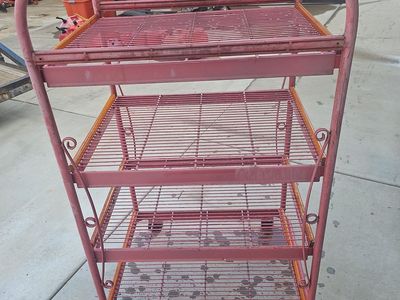 Vintage Pink Rolling Wire Bakers Rack with Four Shelves and Casters