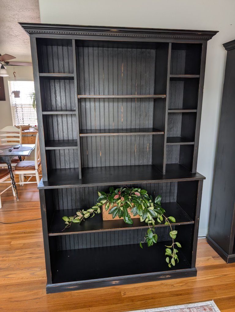 Black Distressed Wood Bookshelf Hutch with Cubbies