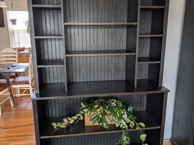 Black Distressed Wood Bookshelf Hutch with Cubbies