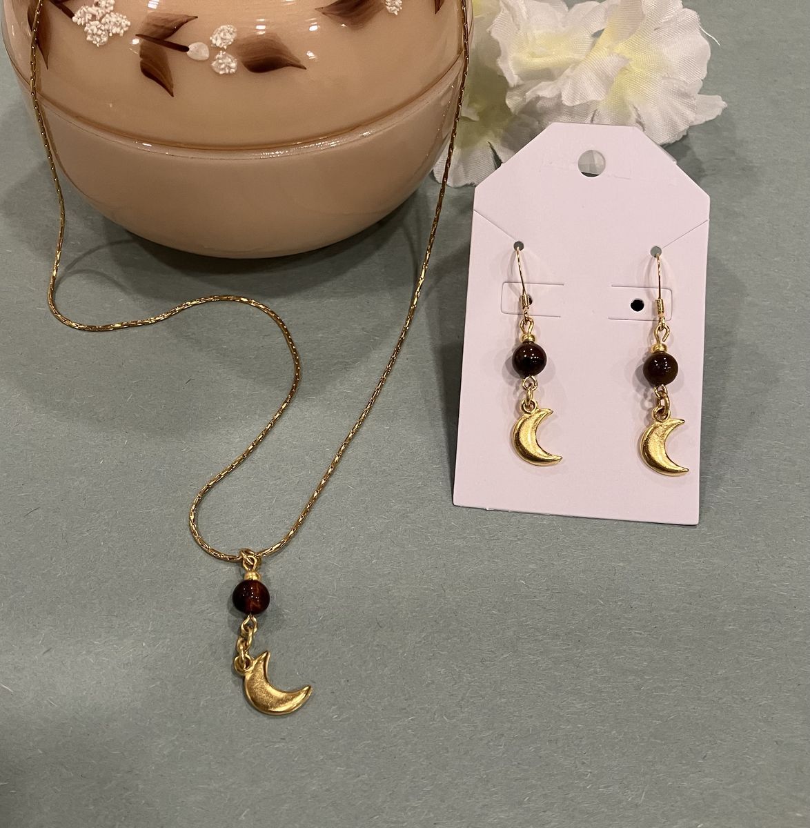 Gold Half Moon Pendant Necklace and Earrings